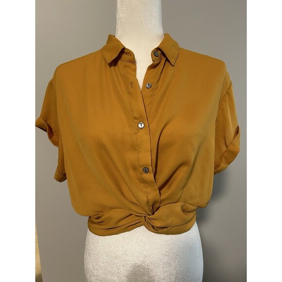 SHINESTAR Mustard Yellow Elastic Waist Button Up Crop Short Sleeve Large - Picture 1 of 6